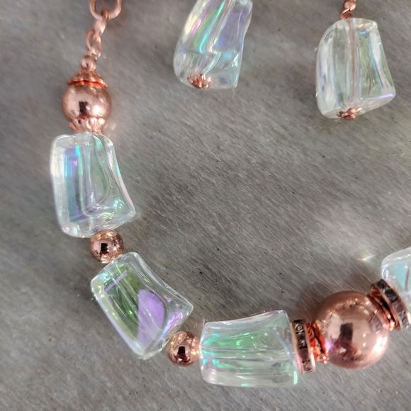 Iridescent Opaline Bead Necklace with Rose Gold Copper Accents and Earrings - Picture 5 of 7